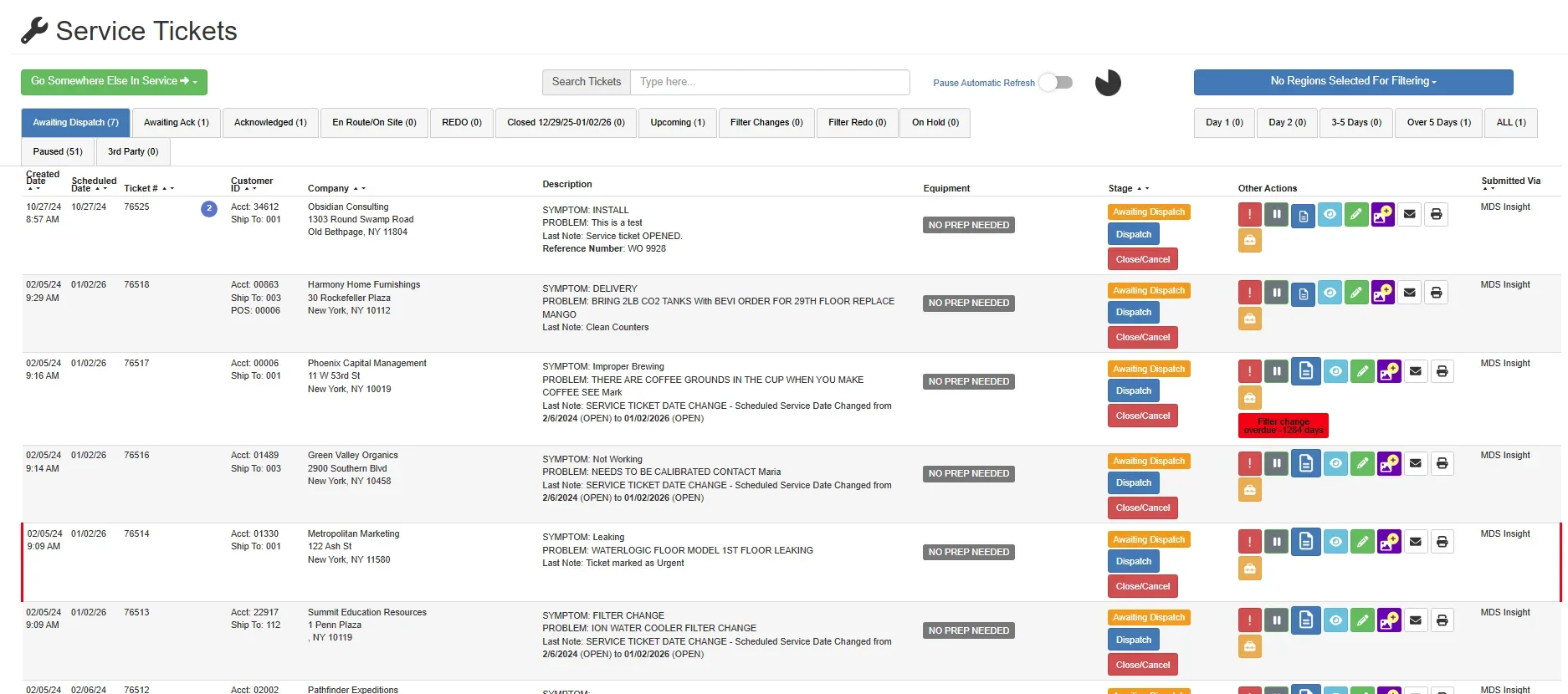 MDS Insight Service Tickets Dispatch Screen